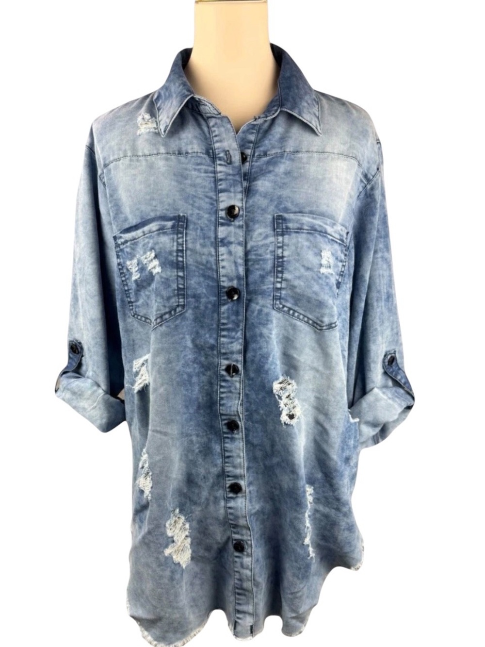 Thrill Jeans Women's Denim Shirt Sz 1X Distressed Western Grunge